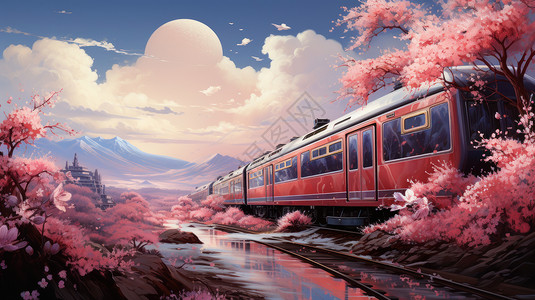 一列卡通火车开往大山深处唯美景色粉色高清图片素材