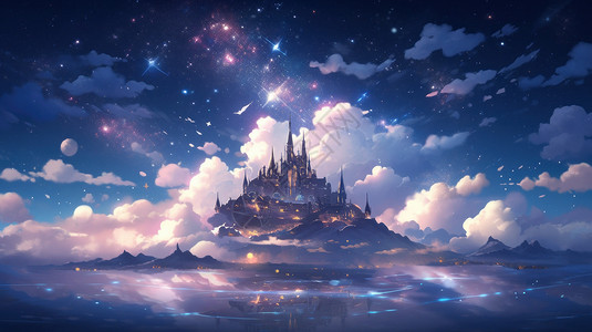 夜晚湖中心一座魔幻的卡通城堡被云朵围绕背景图片