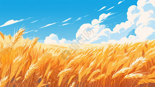 芒种麦子丰收蓝天白云下一望无际的金色卡通麦田插画