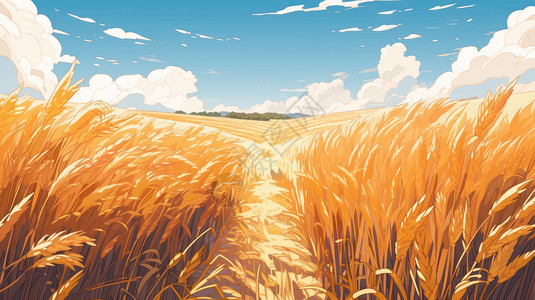 金色田地卡通金色麦子地中一条小路插画