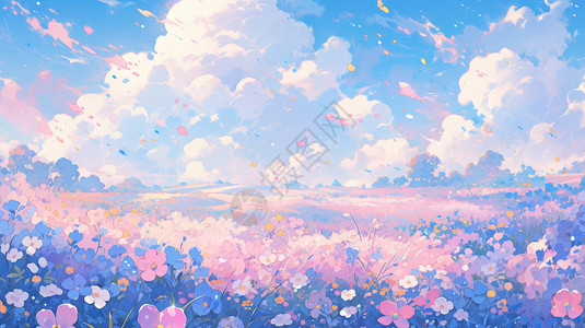 粉色梦幻的花海花瓣随风飘扬唯美卡通风景背景图片
