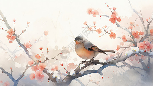 可爱的卡通小鸟站在梅花盛开的树枝上高清图片