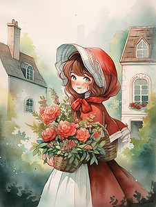 小女孩提着玫瑰花篮水彩画背景图片