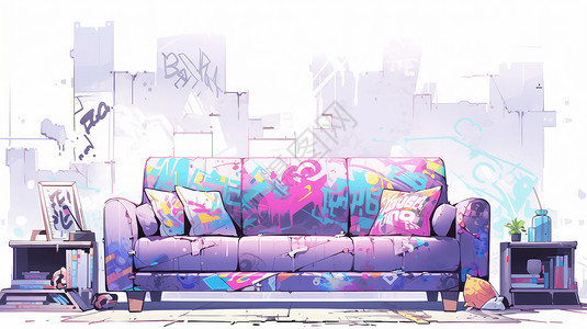 紫色卡通涂鸦沙发放在客厅背景图片
