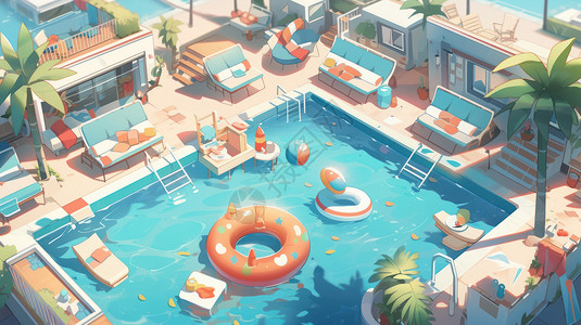 卡通旅馆休闲可度假的蓝色卡通泳池飘着橙色游泳圈插画