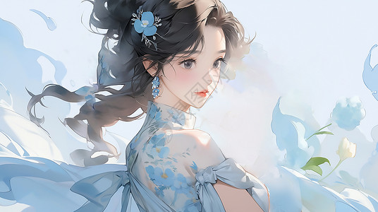 卡通古风美丽女生回眸插画高清图片