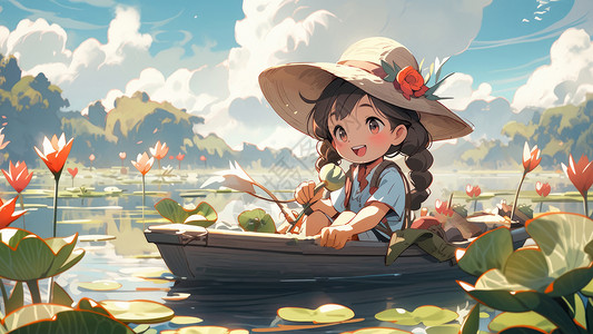夏天戴着草帽坐在小船中在河塘玩耍的可爱卡通女孩背景图片