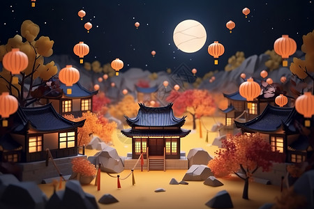 古风中秋节建筑灯笼插画背景图片