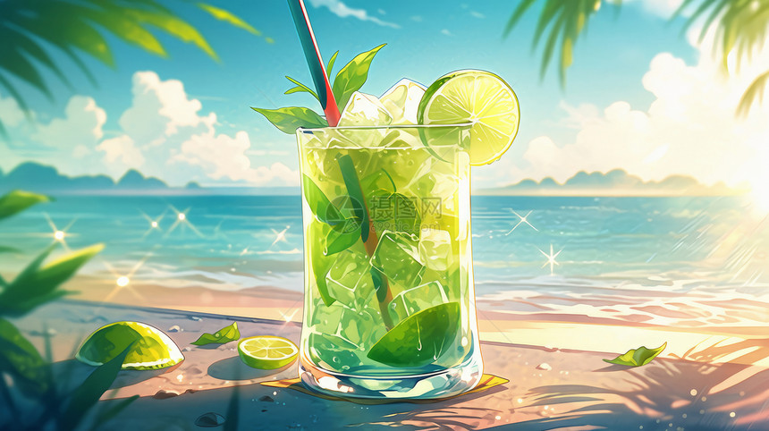 卡通绿色清爽柠檬水放在大海边图片