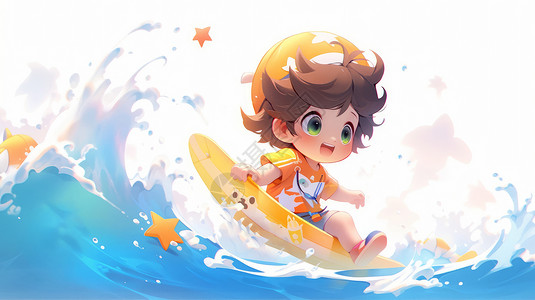 水上乐园门票坐在卡通冲浪板上在大海中开心笑的可爱男孩插画