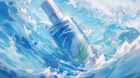香水包装蓝色调在水中唯美的卡通植物精华乳插画