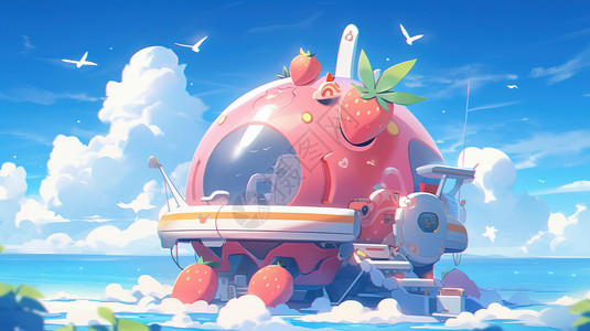 在大海上的科幻卡通可爱的水果潜水艇背景图片