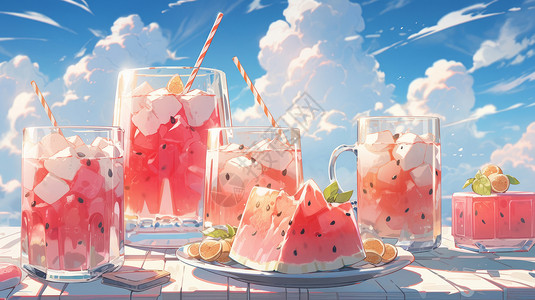 清凉水果汁在玻璃杯中的卡通夏日西瓜甜品饮料插画