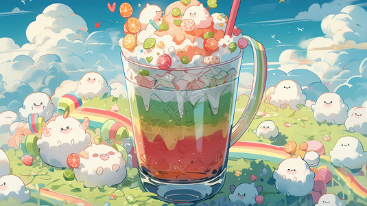 奶茶杯包装展示小清新彩虹色卡通奶油冰激凌杯插画