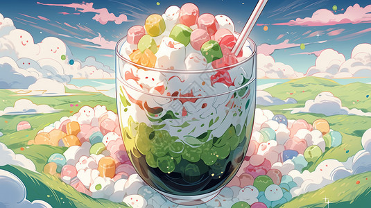 抹茶和日本糖果在野外中抹茶绿渐变色可爱的卡通夏日饮品插画