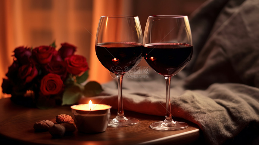 浪漫情人节2个精致的红酒杯图片