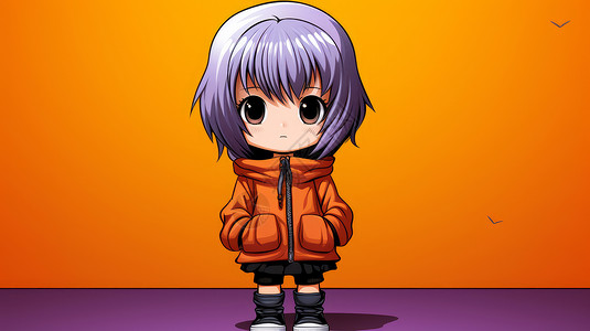 穿橙色卫衣紫色头发可爱的卡通女孩图片