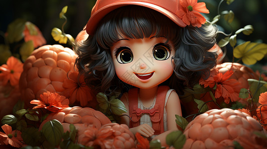 坐在水果中间戴粉色帽子开心笑的可爱立体卡通女孩图片