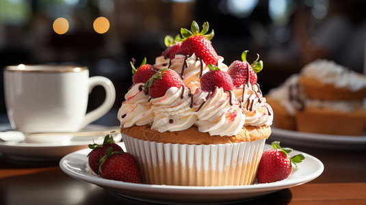 装在盘子里极简的树莓在盘子中的草莓奶油蛋糕插画