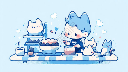 蓝色调可爱的卡通男孩在给宠物做饭高清图片
