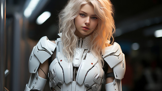 外国游戏科幻穿白色盔甲的漂亮外国女孩插画