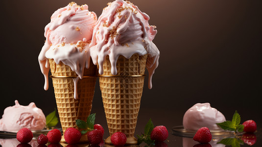 酸甜可口树莓粉色水果甜筒冰激凌插画