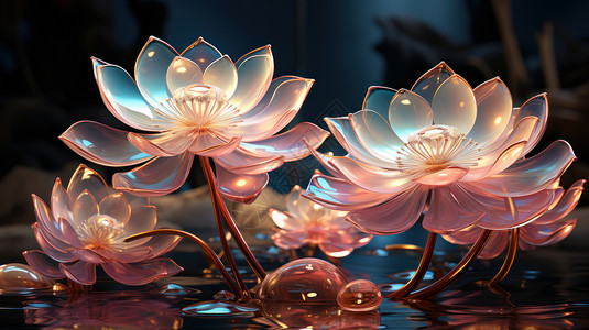 荷花装饰花朵在荷塘中盛开的唯美透明的荷花插画