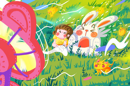 炎热夏天兔子女孩猫小鸡吃风扇背景海报运营插画图片