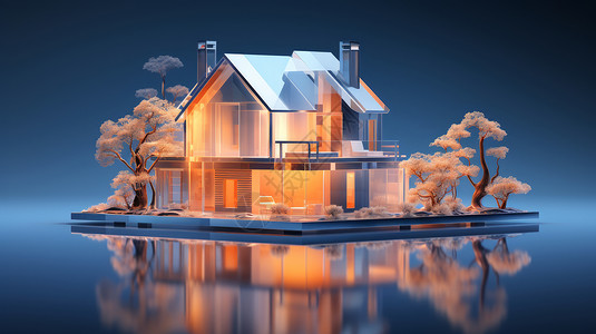 室内3D模型透明发光的玻璃小房子外两棵高大的金黄色的插画