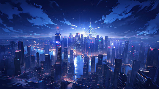 夜晚灯火通明的蓝色调现代城市背景图片