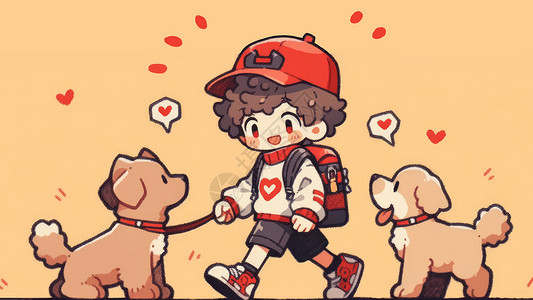 戴着红色棒球帽遛狗的卡通男孩背景图片