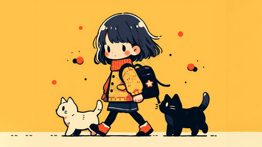 简笔舒服表情包可爱的卡通小女孩背着黑色与两只宠物猫排队走路插画