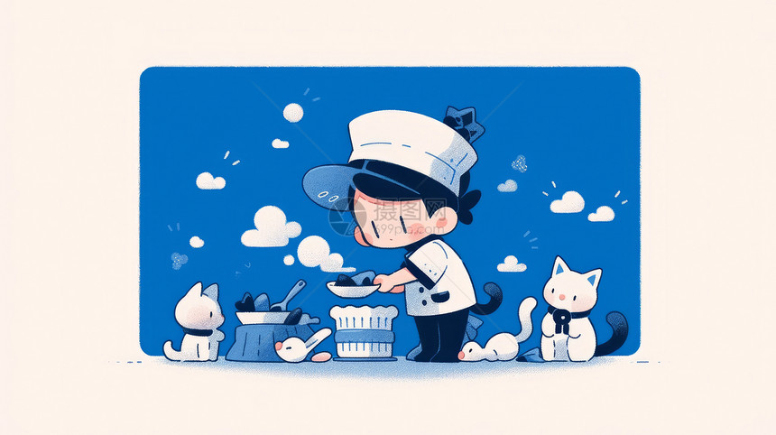可爱的卡通男孩在给宠物猫做饭图片