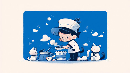 简笔舒服表情包可爱的卡通男孩在给宠物猫做饭插画