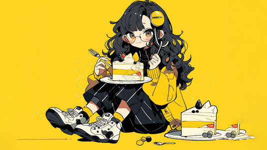 女孩开心吃甜品坐在地上吃蛋糕的卡通女孩插画