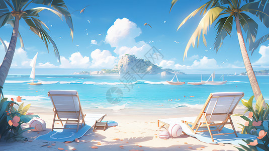 沙滩上两把休闲椅面向大海唯美卡通风景背景图片