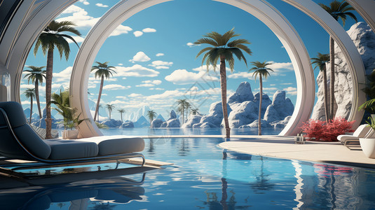 时尚现代的弧形建筑下澄澈泳池与一把休闲椅背景图片