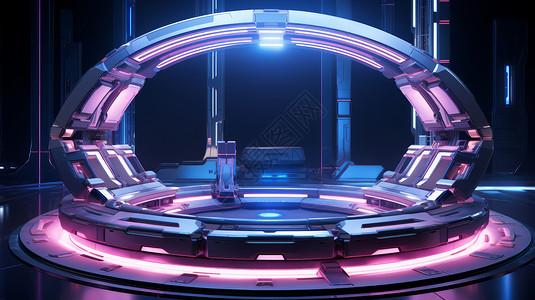 圆圈舞紫色霓虹光科技金属质感的立体展台插画