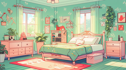 复古绿粉色地毯复古床绿色调小清新卡通卧室插画