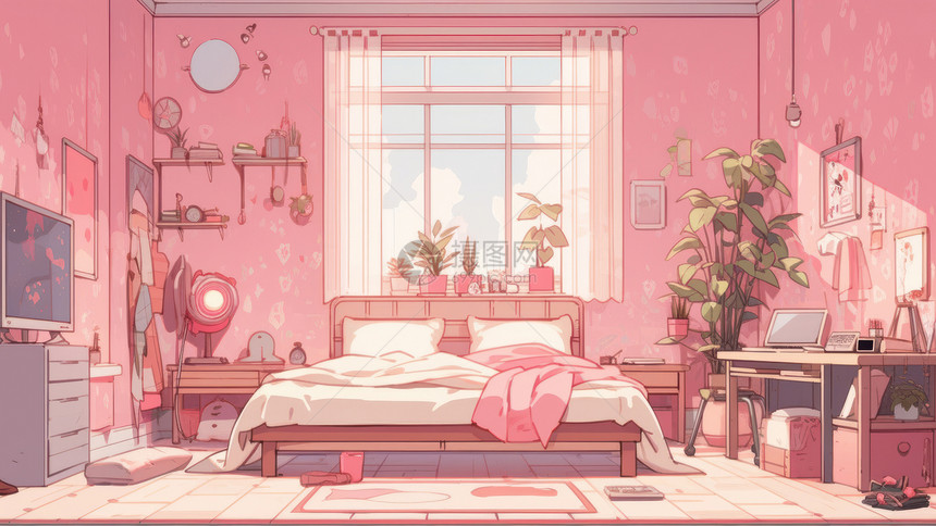 粉色墙面白色床单有窗子的可爱卡通卧室图片