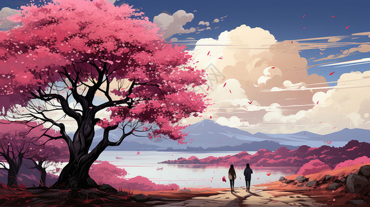 一对情侣在树下唯美的卡通风景湖边高清图片