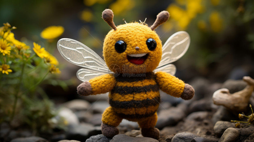 开心笑的羊毛毡卡通小蜜蜂站在森林里图片