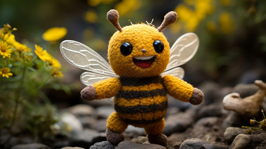 开心笑的羊毛毡卡通小蜜蜂站在森林里背景图片