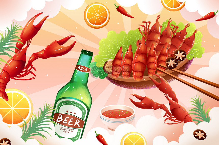 夏日啤酒小龙虾美食插画图片