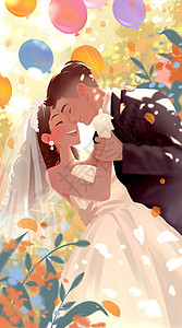 阳光红西装七夕阳光下的婚礼宽屏插画插画