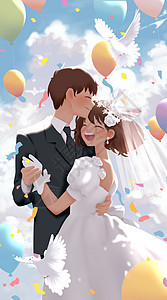 气球彩带手绘七夕蓝天白云下的婚礼宽屏插画插画