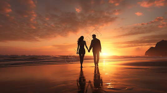 散步在海滩上的情侣黄昏时分在海滩上散步的情侣剪影插画