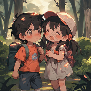 在森林里散步的小情侣背景图片