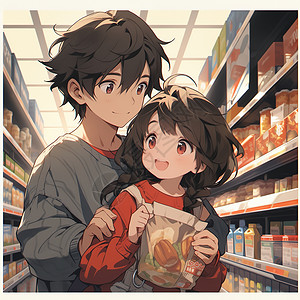 情侣在商场里恋爱在超市里采购商品的卡通情侣插画