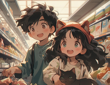 情侣在商场里恋爱在超市里正在快速采购商品的情侣插画